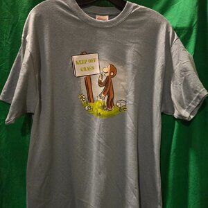 Vintage Hanes Mens Curious George Keep Off Grass T-Shirt Short Sleeve Sz L Blue